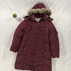 Eddie Bauer Sun Valley Down Parka Coat Winter Plum Long Puffer Fur Hooded XS